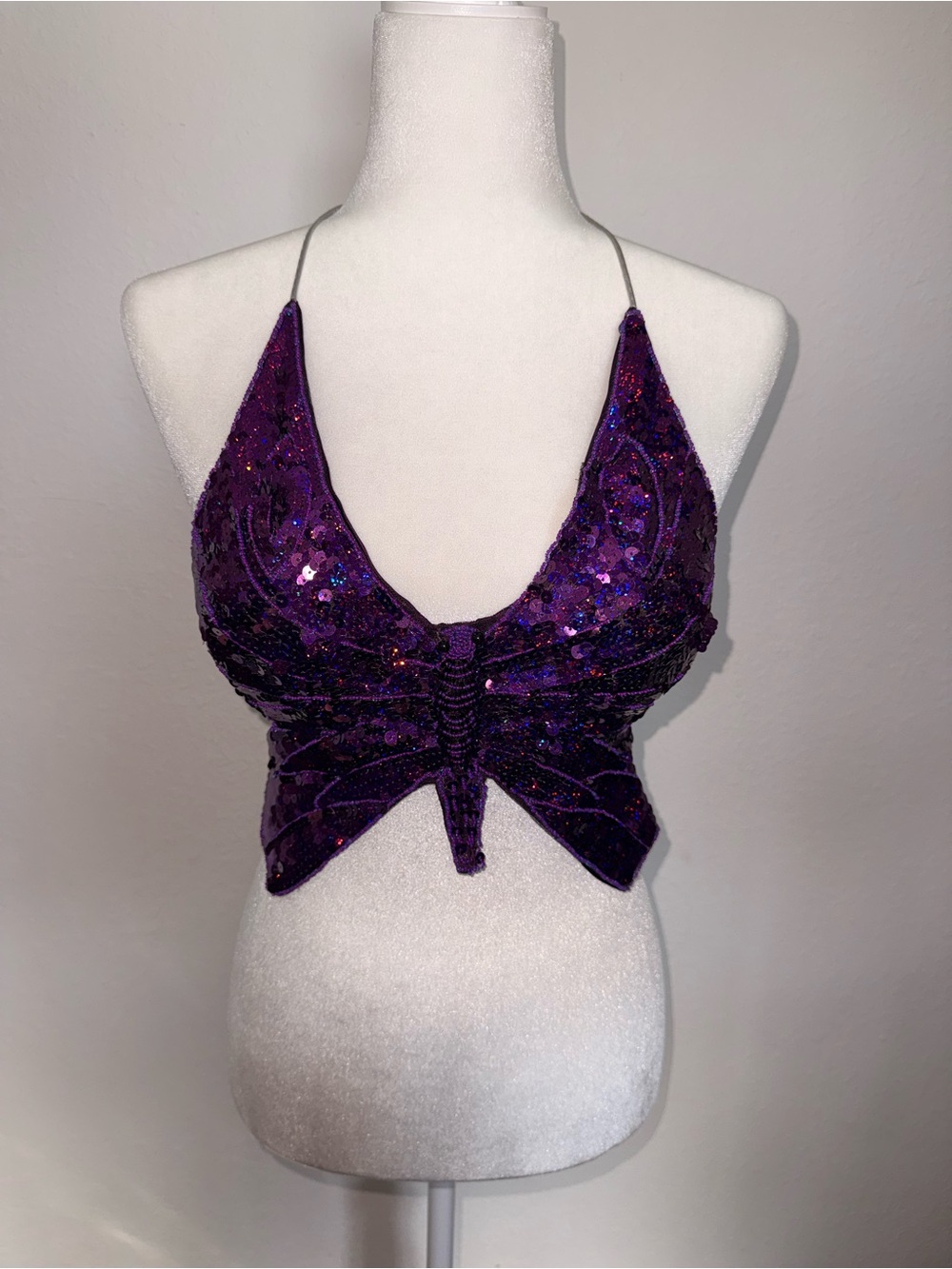 78. Purple Sequin Halter Butterfly Crop Top